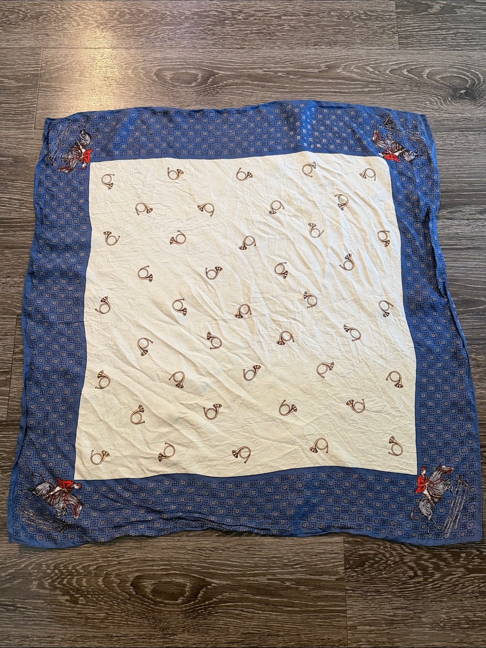 Vintage Equestrian Square Scarf | Fox Hunt Bugle Horn Print